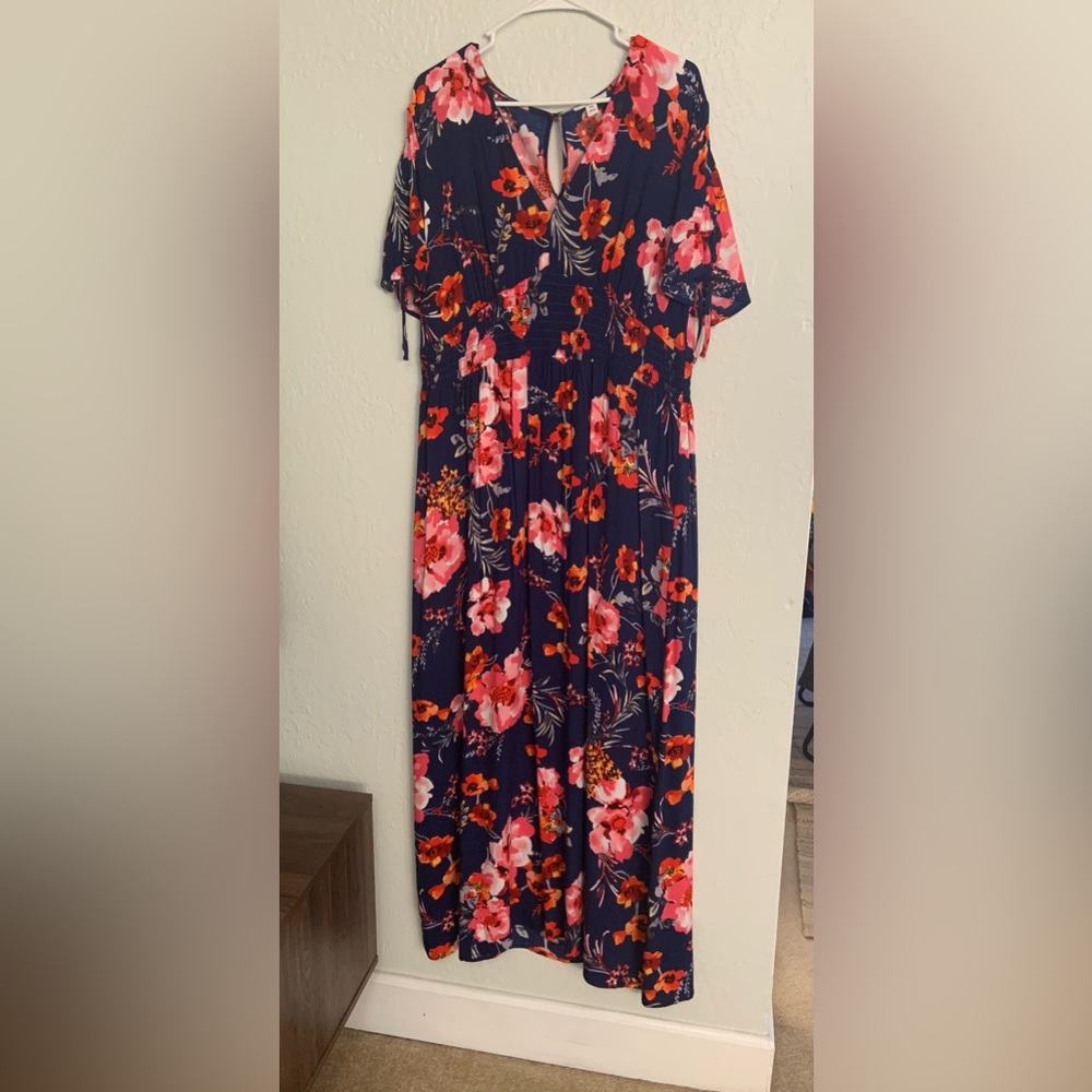 bar lll Blue Floral Long Dress With Slit XXL vneck